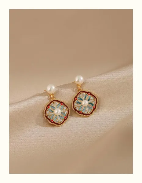 Design Floral Enamel Pearl Drop Earrings Jewelry - 10