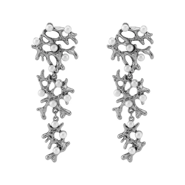 Design Coral Pearl Drop Earrings Silver Jewelry - 1