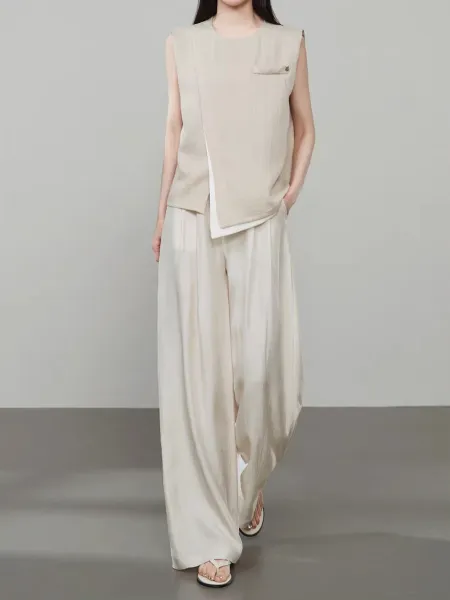 Design Wide-Leg Linen Blend Trousers Beige Pants - 10