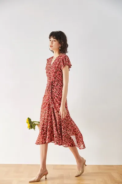 Design Red Floral Wrap Maxi Dress with Ruffle Sleeves Dress - 15