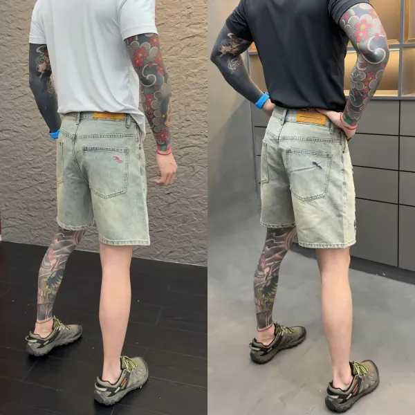 Kenzo Distressed Denim Shorts with Pink Embroidery Light Wash Shorts - 7