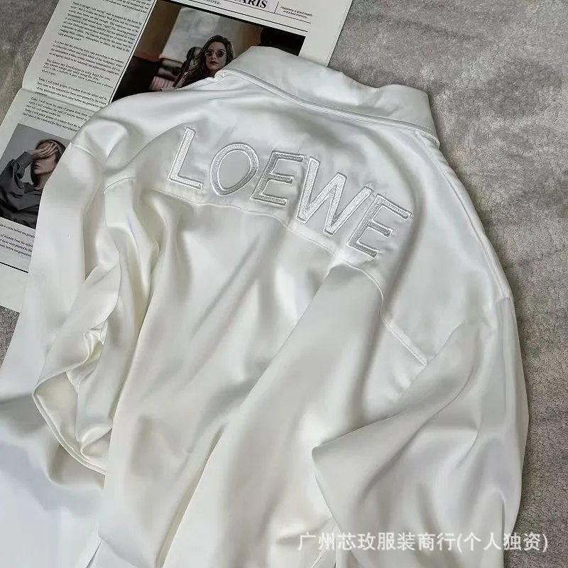 Loewe Silk Shirt Beige Black White Embroidered Logo