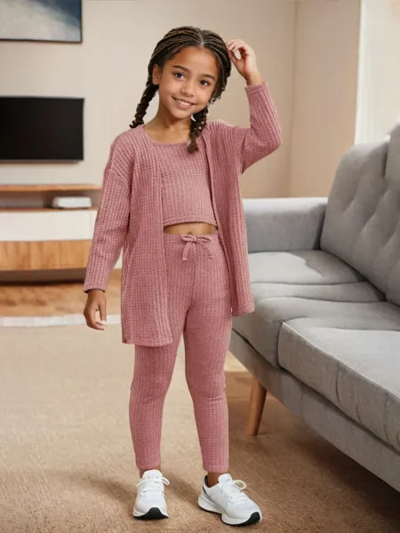 Design Alo Yoga Waffle Knit Lounge Set Dusty Rose Leggings and Cardigan Sets - 4