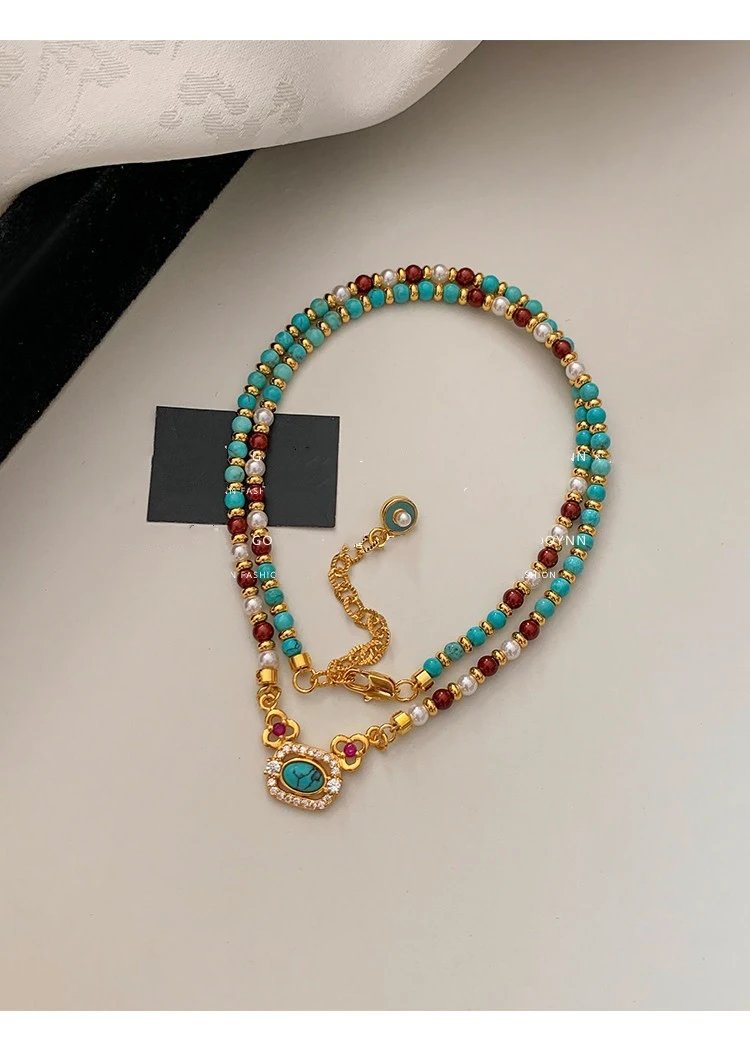 Design Turquoise and Coral Beaded Bracelet with Pearl Accents and Gold-Tone Clasp Jewelry - 10