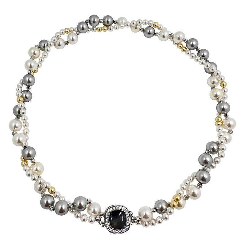 Multi Strand Pearl Necklace Silver Gray White Gold Tone Elegance