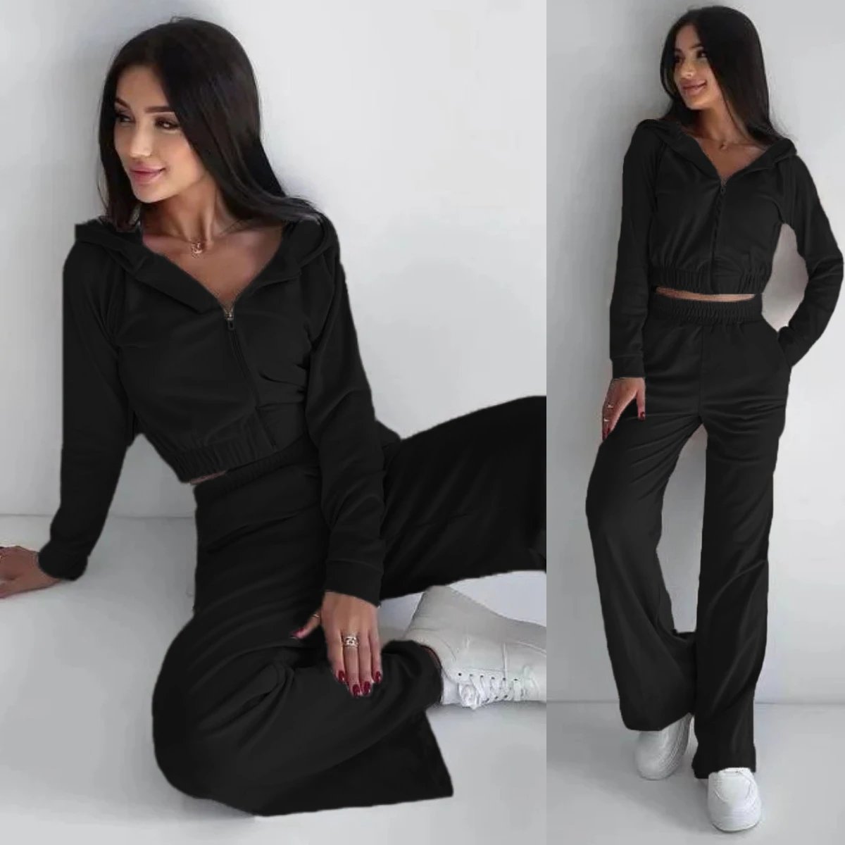 Design Velour Cropped Hoodie and Wide-Leg Pants Set Silver Gray - 9