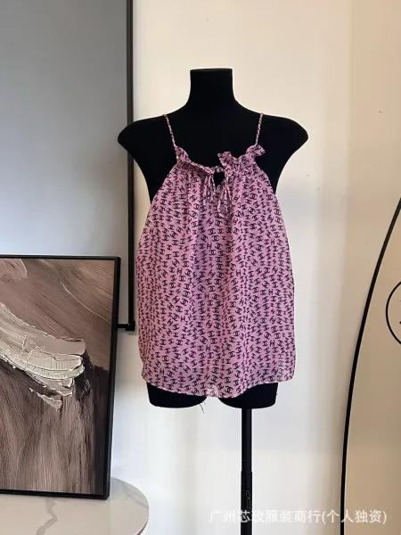 Chanel Logo Print Halter Neck Camisole Top in Pink and Black Vest Top - 3