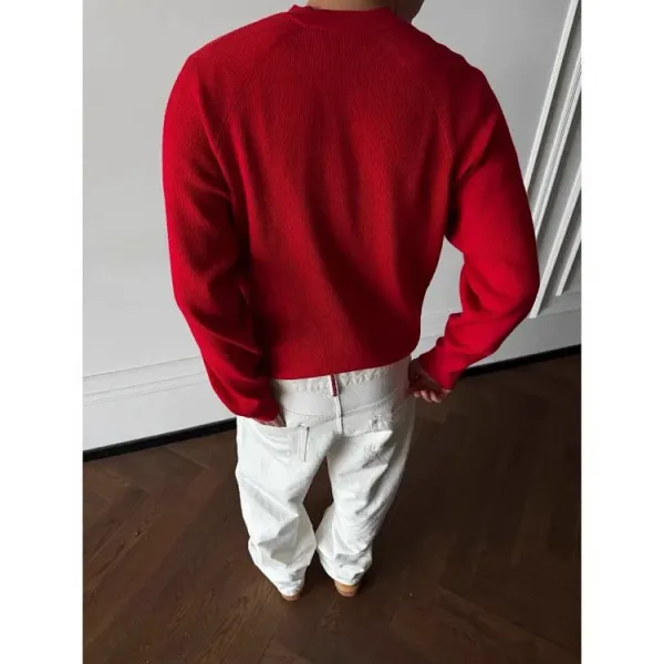Design Red Crewneck Sweater White Denim Pants Sweater - 10