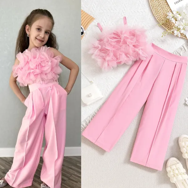 Design Tulle Top and Pleated Wide-Leg Pants Set in Sky Blue - 2