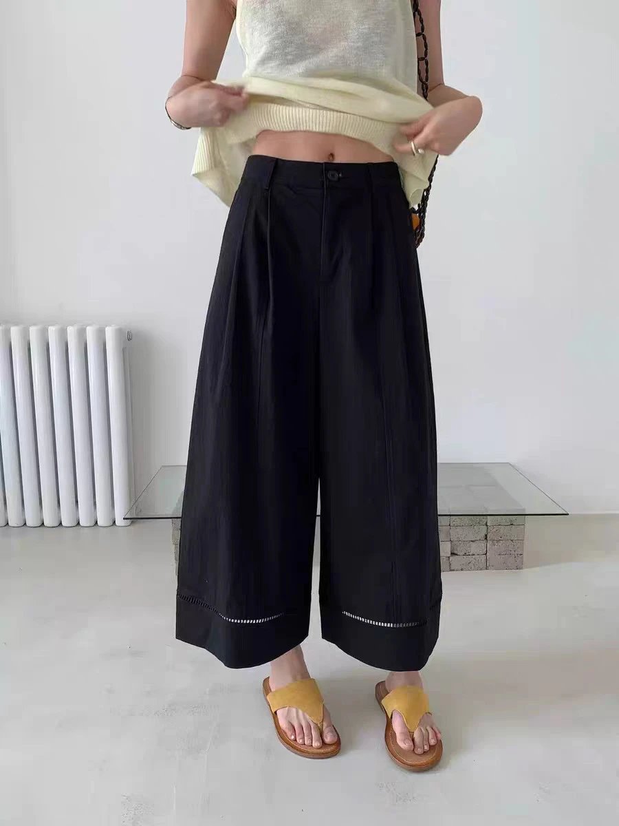 Design Wide-Leg Cropped Pants with Contrast Stitching Black - 6