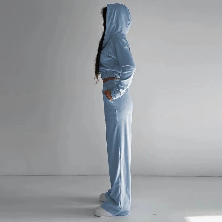 Design Velour Cropped Hoodie and Wide-Leg Pants Set Silver Gray - 14