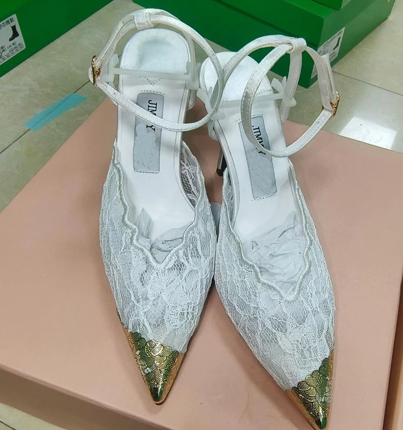 Jimmy Choo Lace-Embellished Pointed-Toe Stiletto Heels with Gold Leaf Toe Cap