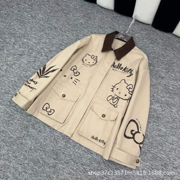 Hello Kitty Graphic Print Beige Workwear Jacket Outerwear - 3