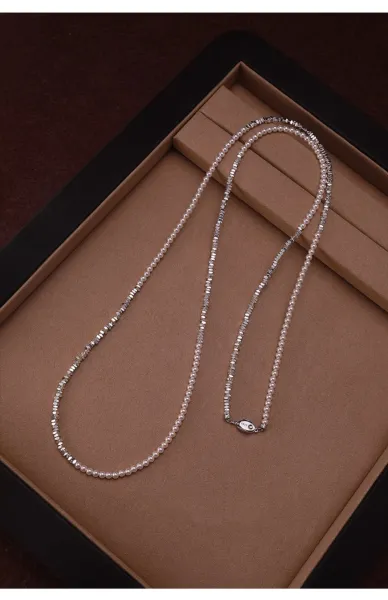 Design Crushed Silver Necklace with Pearl Beads Jewelry - 10