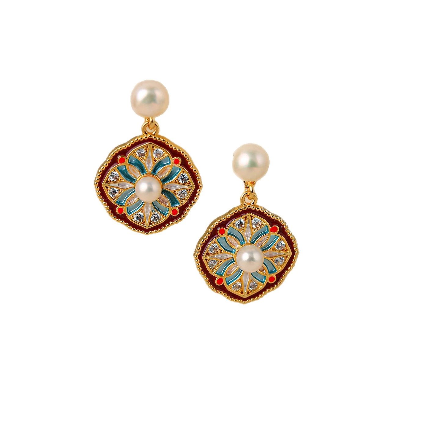 Gold Tone Enamel Red Blue Floral Pearl Drop Earrings