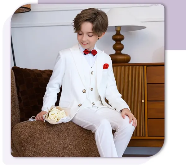 Design Six-Piece Formal Suit Set Gray with White Shirt and Red Bow Tie - 24