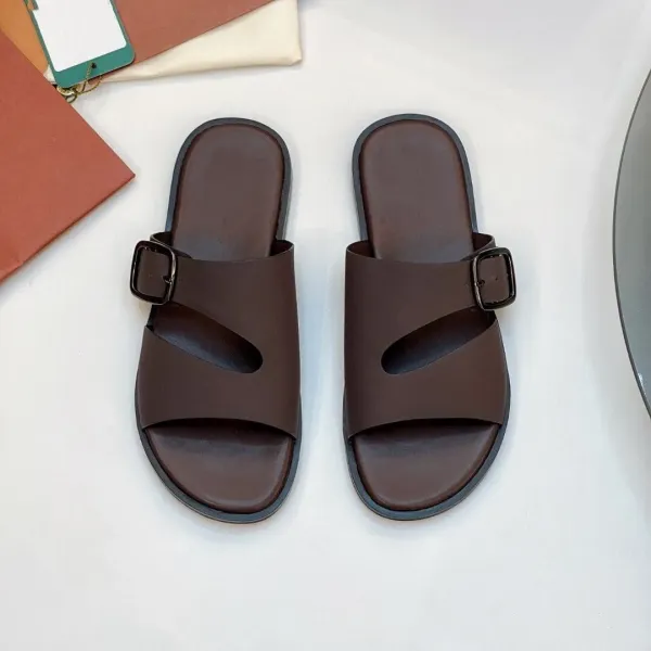 Design Slide Sandals Brown with Buckle Strap Slippers - 1