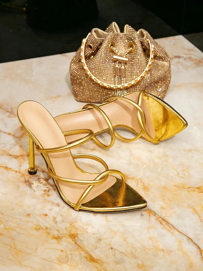 Design Strappy Pointed-Toe Mules Gold Heels