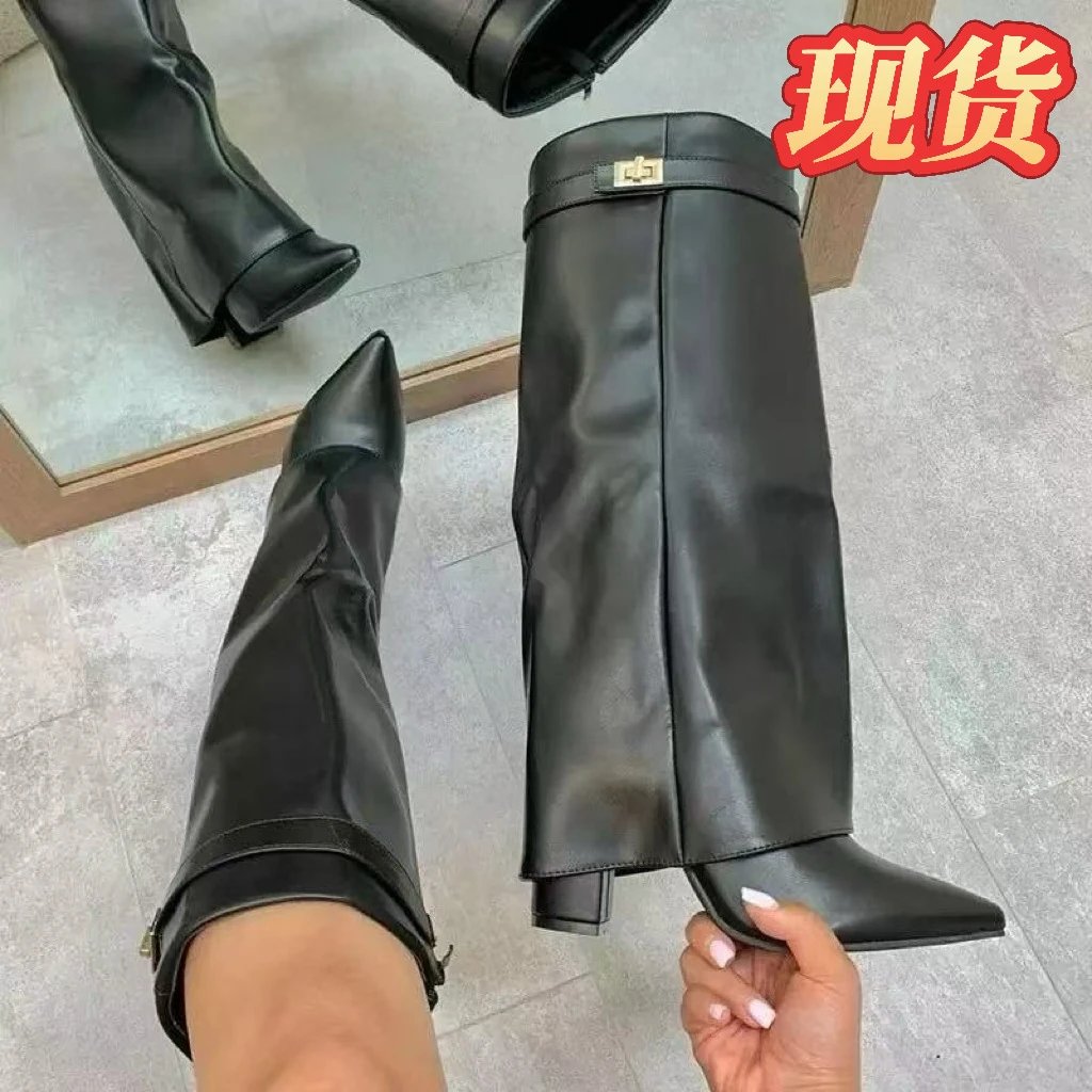 跨境外贸女靴尖头大筒围直筒金属扣中长筒靴子大码粗跟裤管靴女靴
