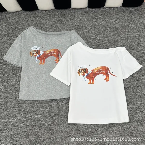 Design Dachshund Illustration Off-Shoulder White T-Shirt - 3