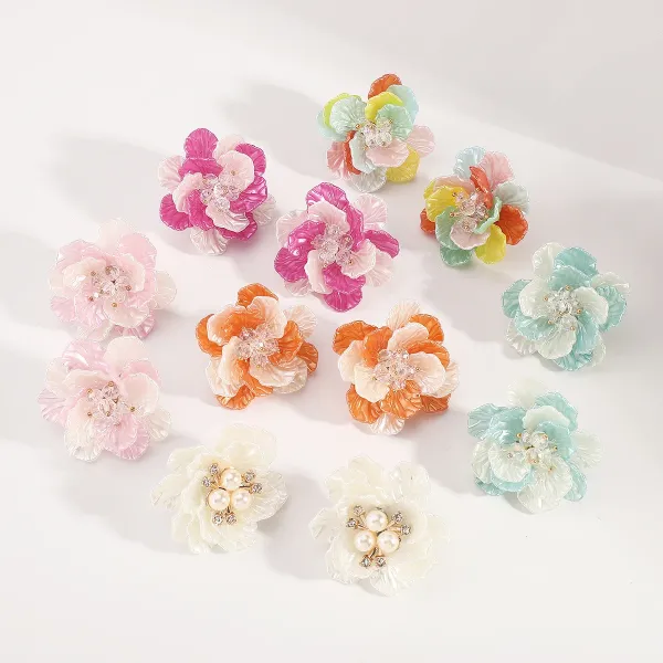 Design Floral Resin Crystal Stud Earrings Orange and Cream Jewelry - 33