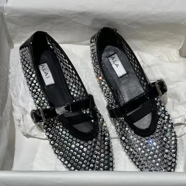 Design Mesh T-Strap Flat Sandals Black - 8