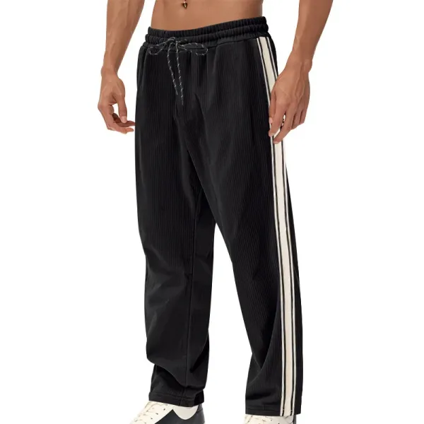 Design Corduroy Track Pants Black with White Stripes Sweatpants - 15