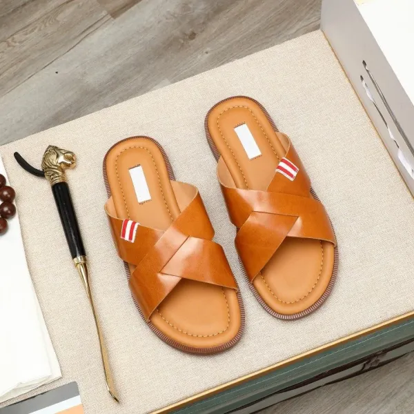 Thom Browne Cross-Strap Slide Sandals Tan Leather Slippers - 1