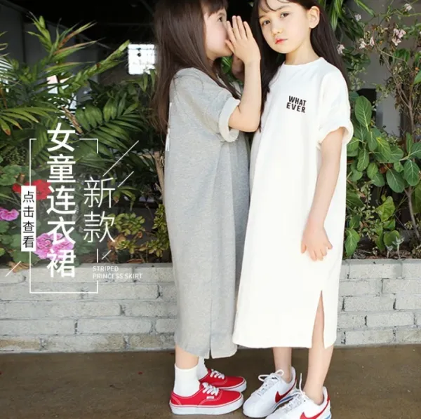 Design Oversized T-Shirt Dress with 'WHAT EVER' Print White and Gray Kids Casual Dresses - 2