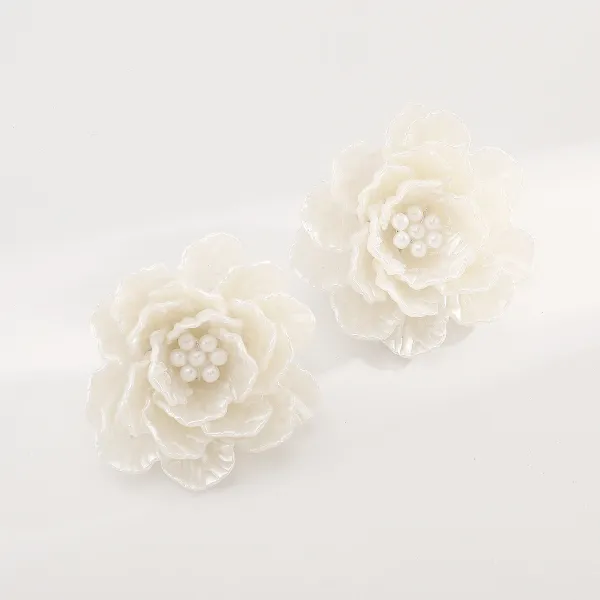 Design Floral Resin Crystal Stud Earrings Orange and Cream Jewelry - 58