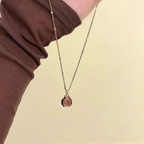 Design Pomegranate Charm Necklace Gold Tone Red Enamel Jewelry - 9