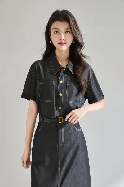 Design Denim Shirt Dress with Contrast Stitching and Belt Black Dress - 4