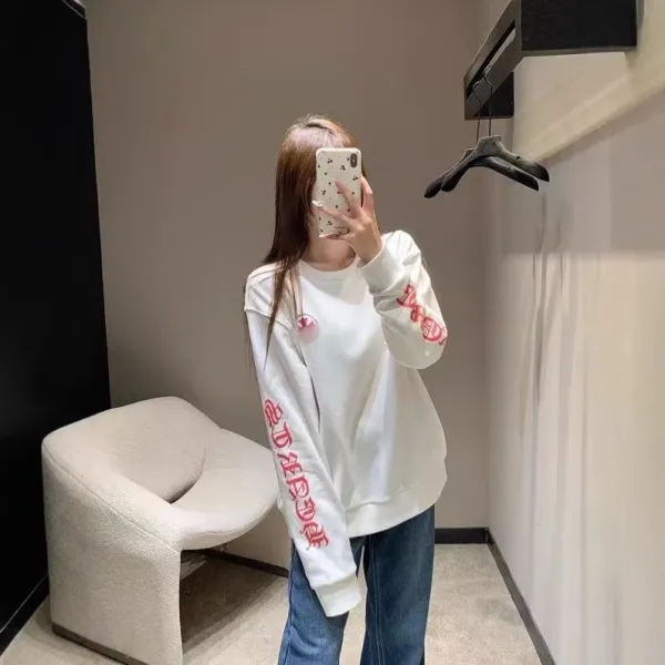 Design Long Sleeve Crewneck Sweatshirt with Red Sleeve Text and Chest Logo White Sweater - 3