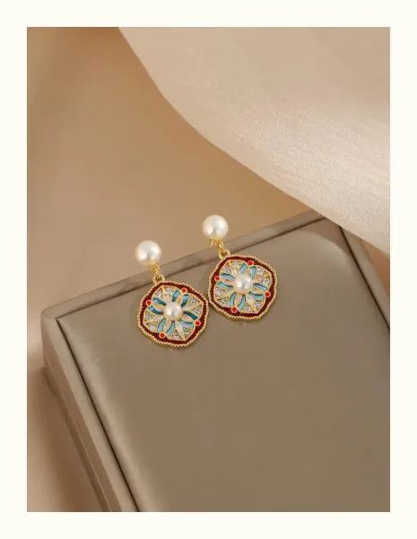 Design Floral Enamel Pearl Drop Earrings Jewelry - 8