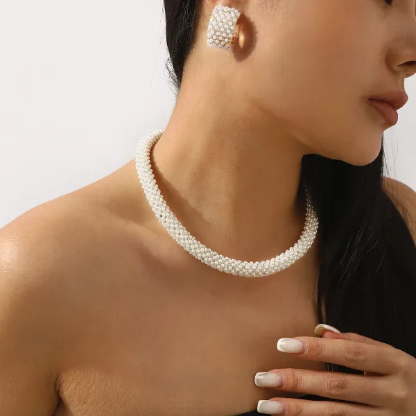 Design Pearl Cluster Necklace and Earrings Set White Jewelry - 10