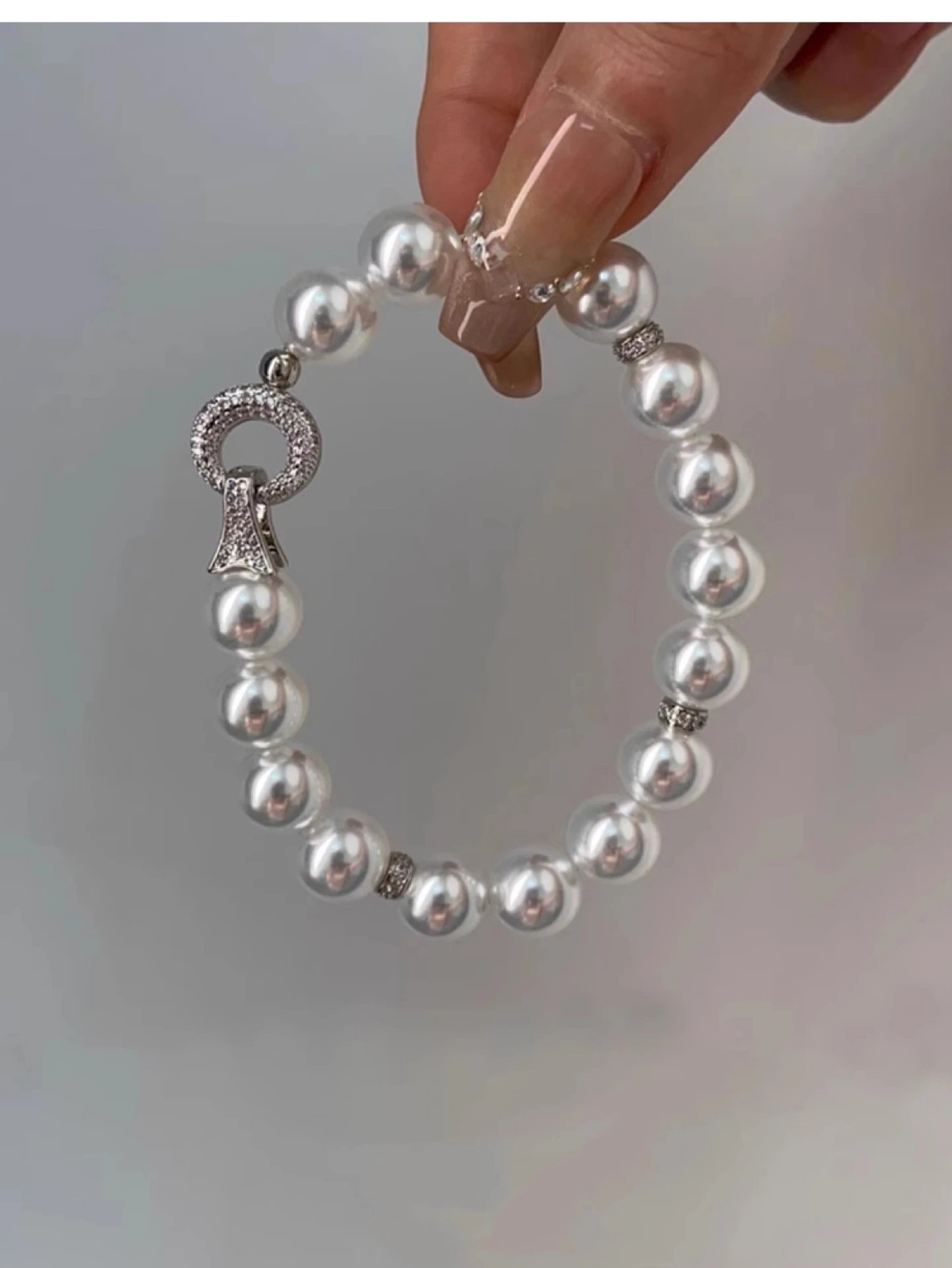 Design Pearl Bead Bracelet with Crystal Clasp Silver Gray Bracelet Jewelry - 4