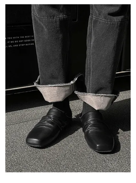 Design Square-Toe Leather Mule Black Shoes Slippers - 8