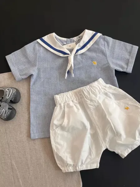 Design Navy Stripe Sailor Collar Top and White Bloomers Set Sets - 6