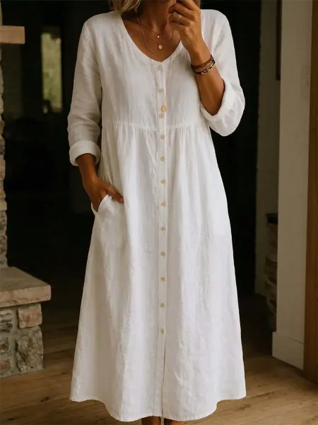 Design Linen Button-Front Midi Dress White - 3