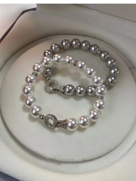 Design Pearl Bead Bracelet with Crystal Clasp Silver Gray Bracelet Jewelry - 6