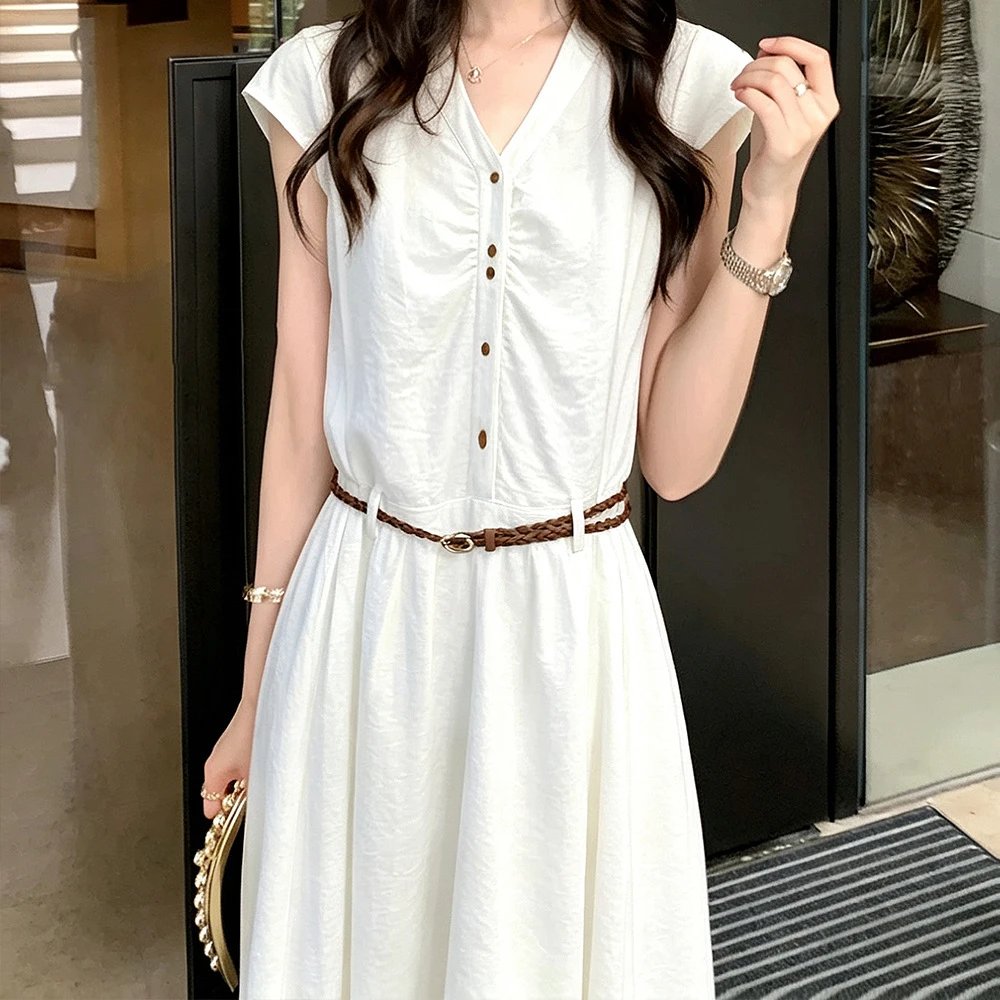 White Linen Blend V-Neck Button-Front Midi Dress with Braided Belt