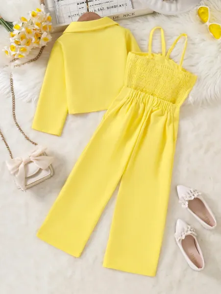 Design Yellow Floral Top & Blazer Set with Wide-Leg Pants - 4