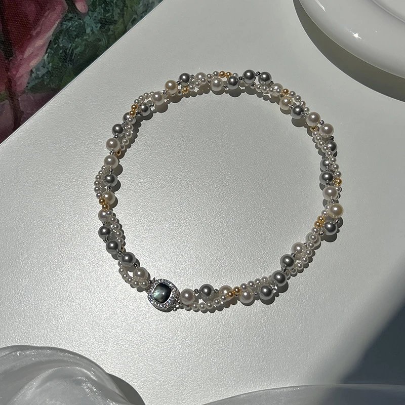 Multi Strand Pearl Necklace Silver Gray White Gold Tone Elegance