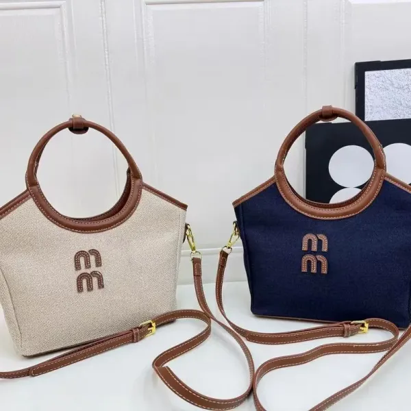 Miu Miu Logo Denim Tote Bag Navy with Tan Leather Trim Handbags - 11