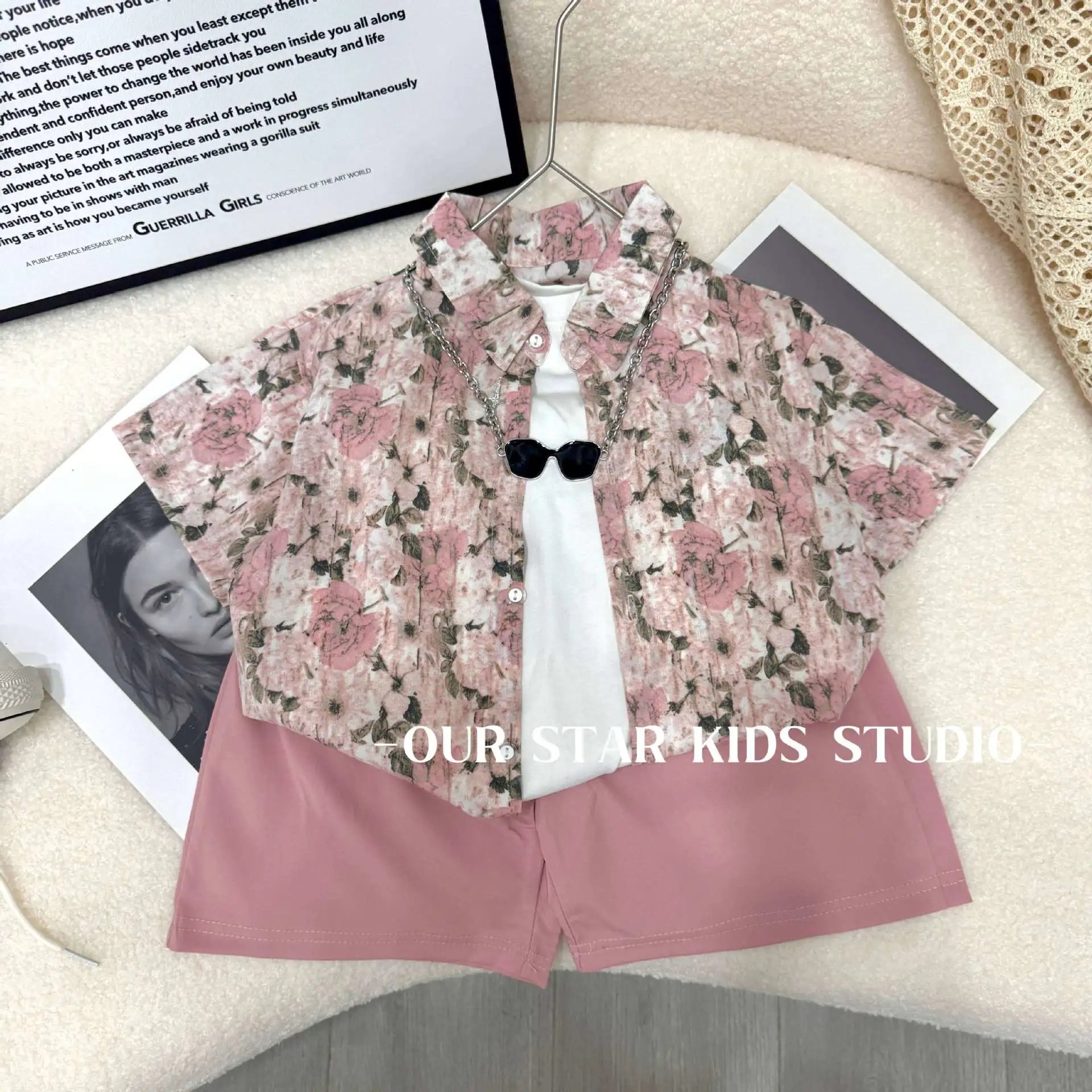 Design LSTAR Studio Floral Print Shirt and Pink Logo Shorts Set Sets - 6