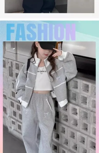 Design Gray Zip-Up Track Set with Embroidered Bow Detail Sweatpants Tracksuit - 5