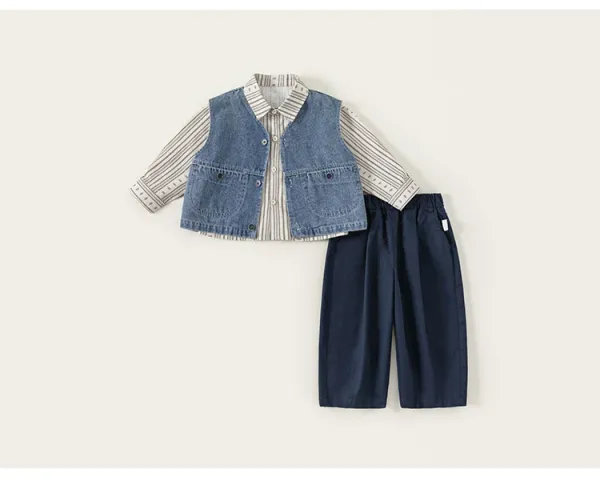 Design M.bang Denim Vest Set Navy Striped Shirt and Pants Sets - 21