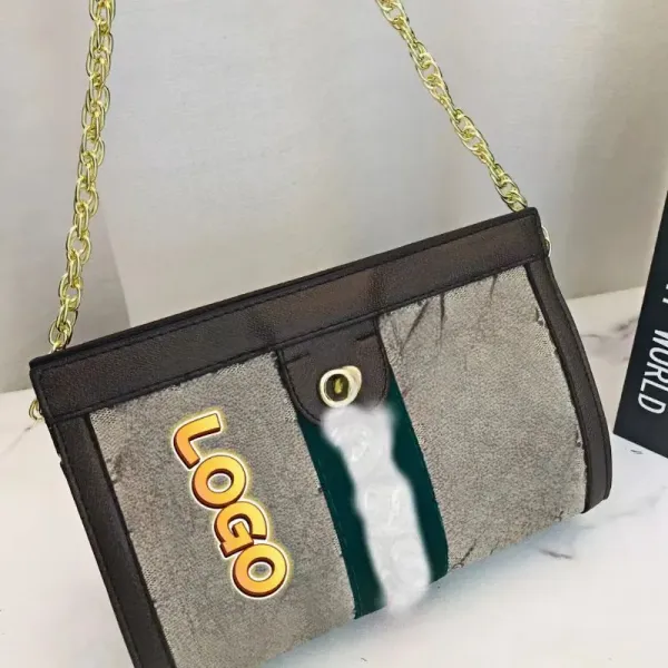Design Logo Print Chain Crossbody Bag Gray Green Black - 4
