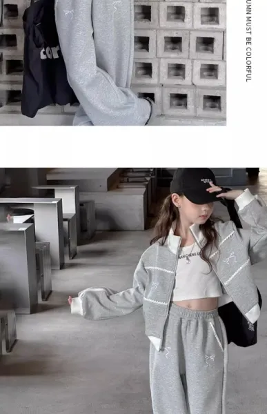 Design Gray Zip-Up Track Set with Embroidered Bow Detail Sweatpants Tracksuit - 11