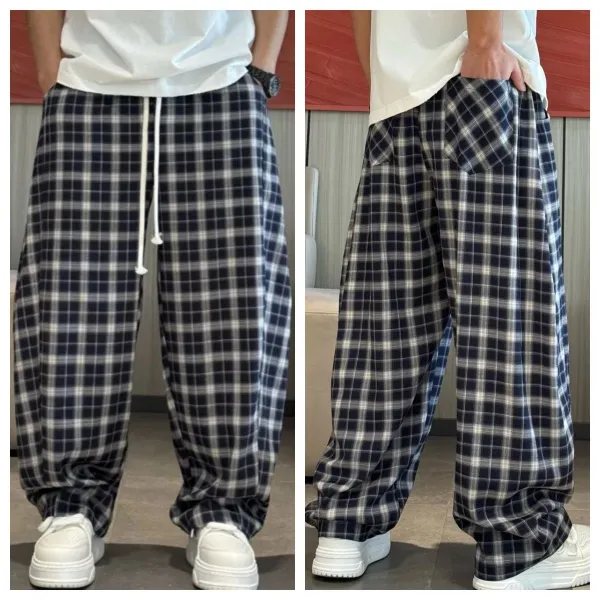 Design Wide-Leg Plaid Drawstring Pants Navy and White - 5